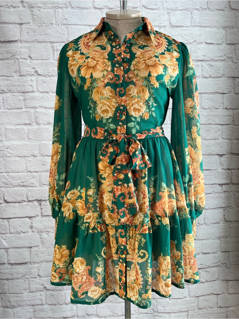Flying Tomato Green Floral Tie-Waist Long Sleeve Mini Shirtdress Size M - Picture 3 of 16